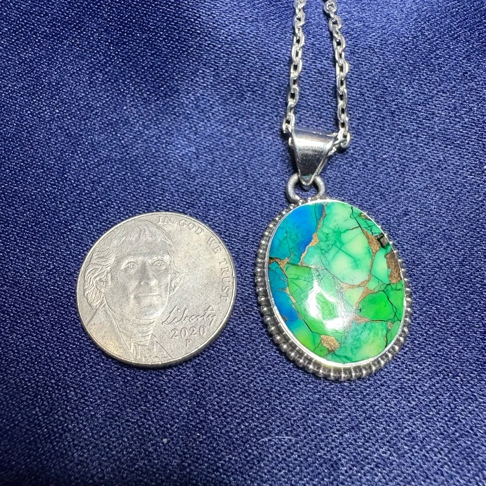 Pendant Peacock Dahlia Turquoise 925 Sterling Silver Oval Statement Necklace